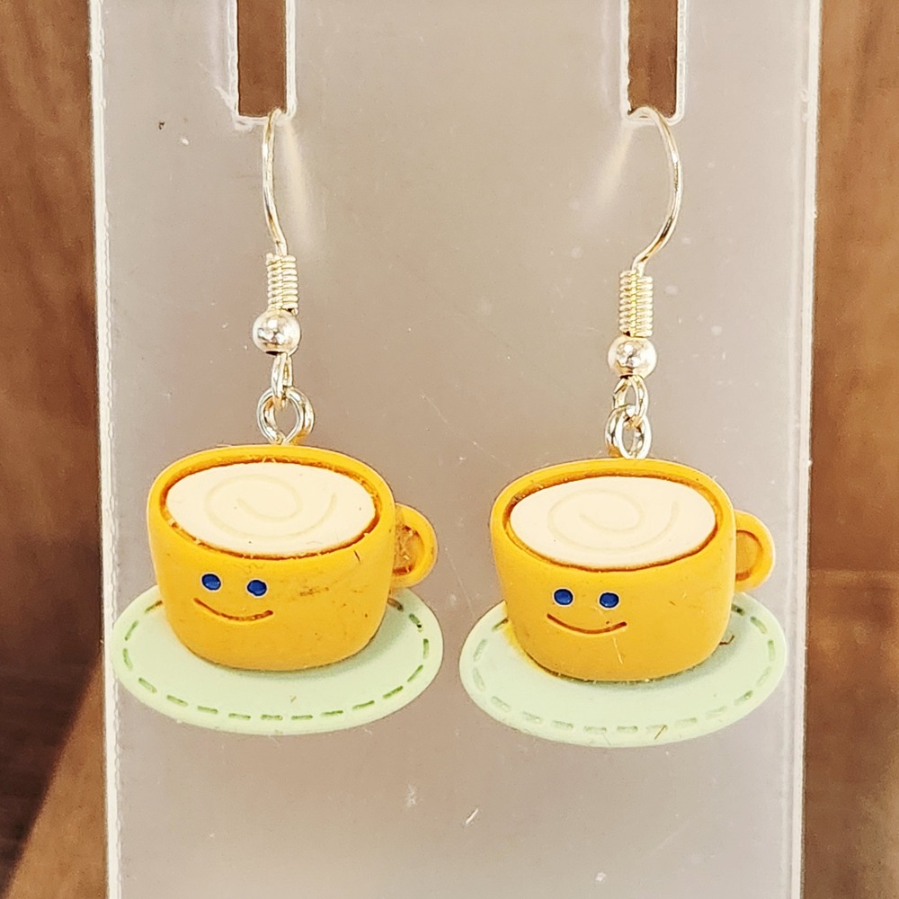 Yellow Smiling Coffee Cup Dangle Earrings Foodie Novelty Jewelry 1.5"‎ New